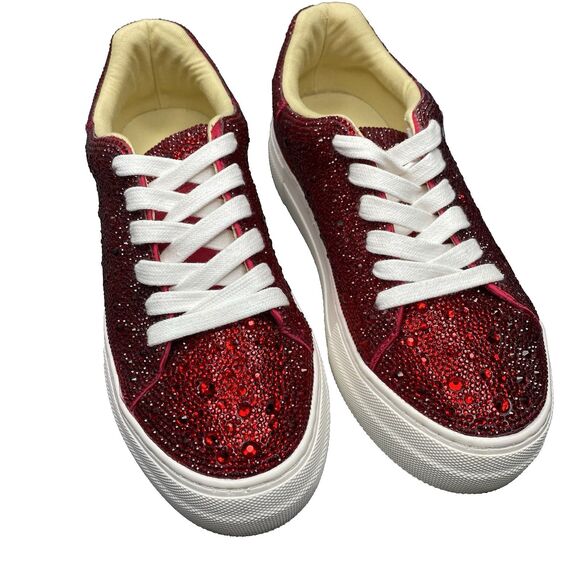 Betsey Johnson Sidny Fashion Sneakers Womens Size 6 Rhinestone Platform Red Ruby - Picture 3 of 10